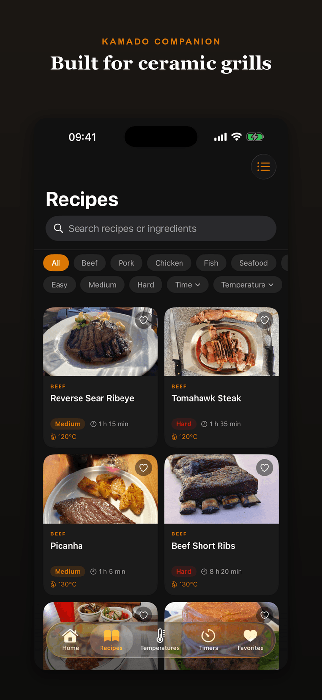 Kamado Companion recipe library with category, time and temperature filters