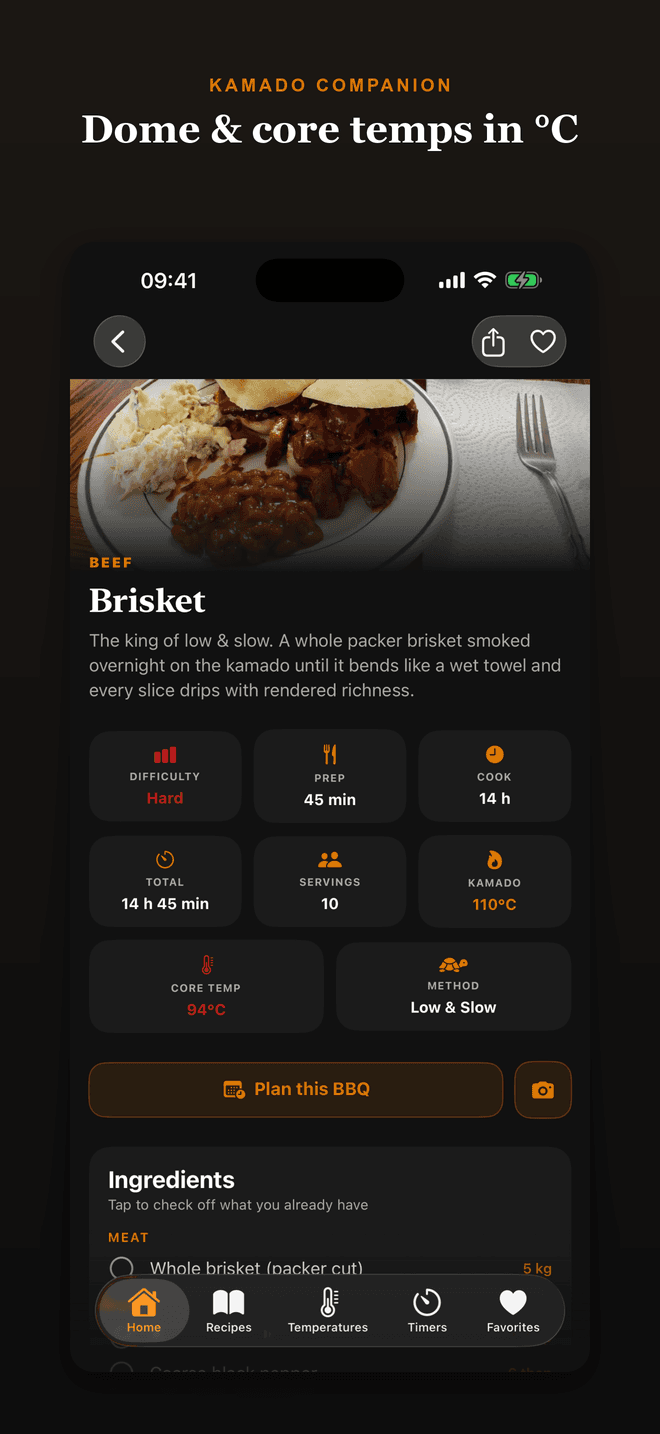 Kamado Companion recipe detail with dome and core temperatures